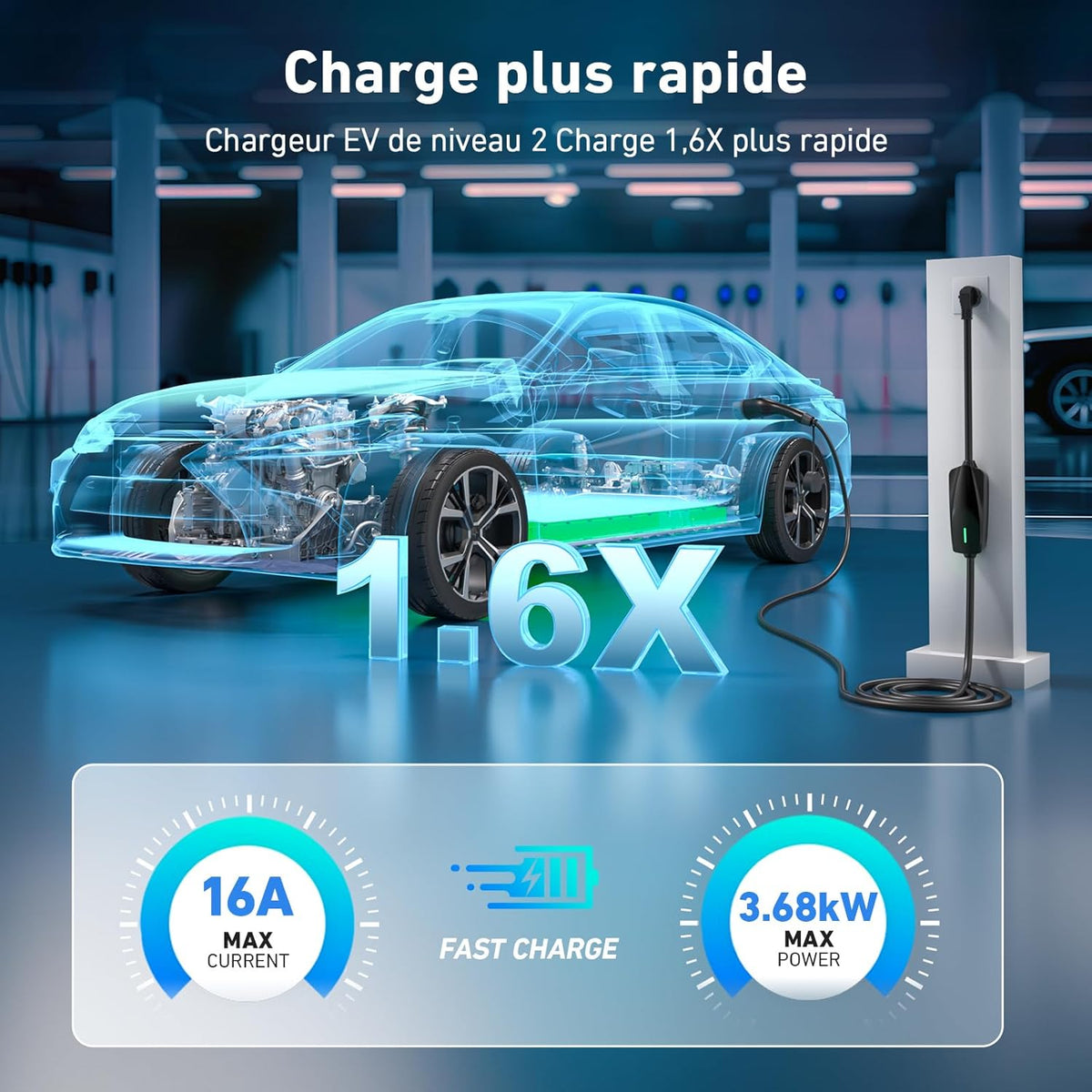 Evjuicion Elektrische autolader, 8 m, 16 A, 3,68 kW, zwart, oplaadkabel voor auto, elektrisch, met led-indicator, blauw, draagbaar, thuis, EV, oplader type 2, met opbergtas, IEC 62196