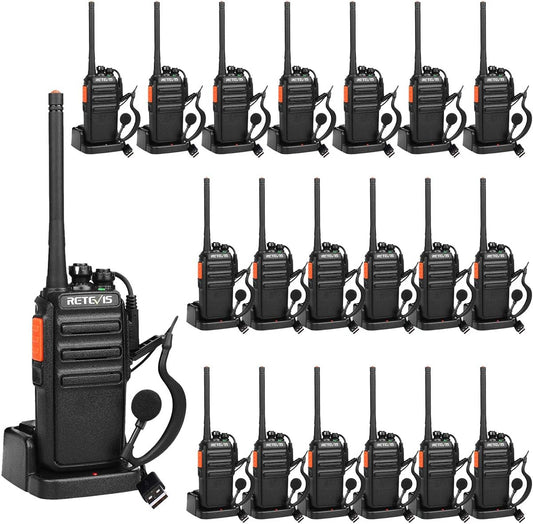 Retevis RT24 Walkie Talkies Professionele Portofoon PMR446 Vergunningsvrije 16 Kanalen CTCSS/DCS VOX Walkie Talkie met Headset en USB-laadstation (20 Stuks, Zwart)