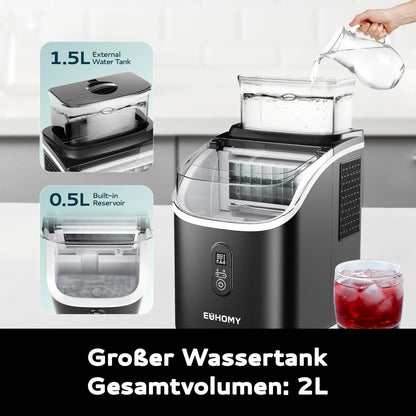 EUHOMY IJsblokjesmachine voor op het werkblad, 15 kg ijsmachine, ijsmachine, 2 liter ijsblokjesmachines, 16 ijsblokjes in 13 minuten, zelfreinigende ijsblokjesmaker voor thuis/keuken/kantoor, zwart