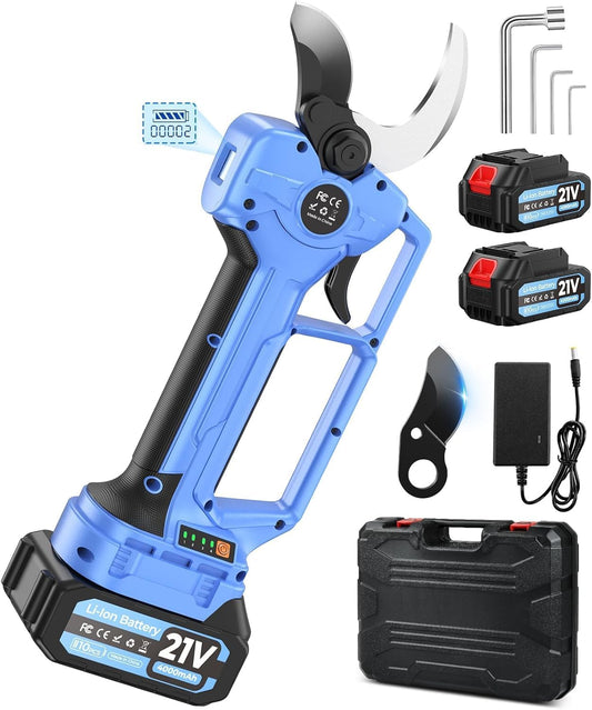 Professionele elektrische takkenschaar, accu 2 x 2 Ah, 40-50 mm snijdiameter, 6-10 uur gebruiksduur, blauw, complete set voor tuin en tuin