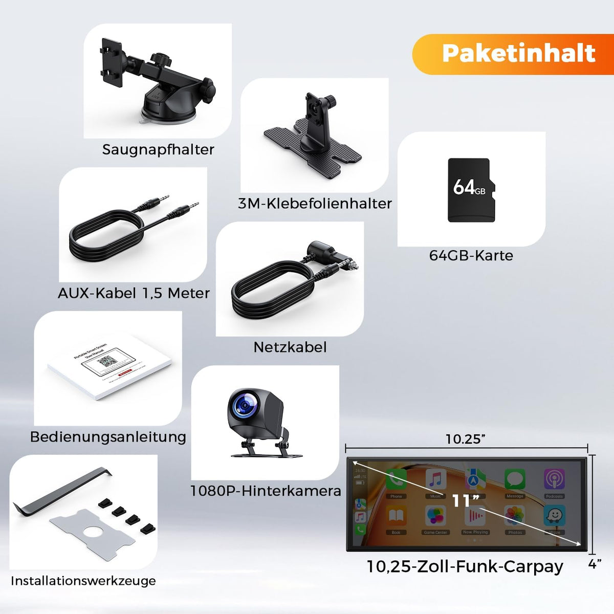 10,25" Draadloos Carplay-scherm Voor Auto Met 2,5K + 1080P Dashcam En Achteruitrijcamera Ondersteunt AppIe Carplay En Android Auto Draagbare Carplay Spraakassistent Mirrorlink Navigatie Bluetooth AUX