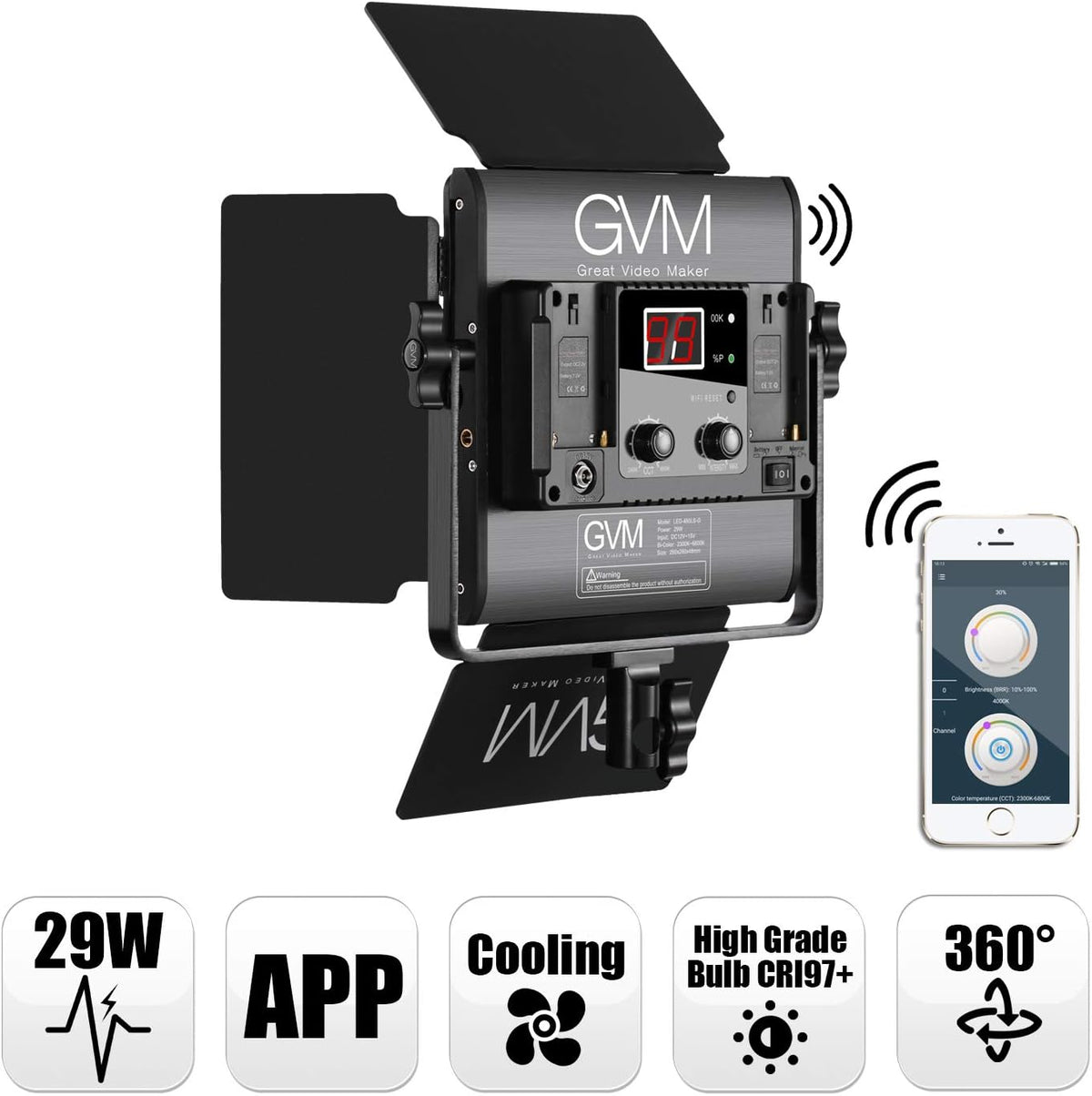 GVM 480 LED videolamp met statief, dimbare 2300K-6800K tweekleurige LED videoverlichting met APP-bediening, LED fotografie continu licht voor studiolicht voor studio YouTube videostudioset, videolamp