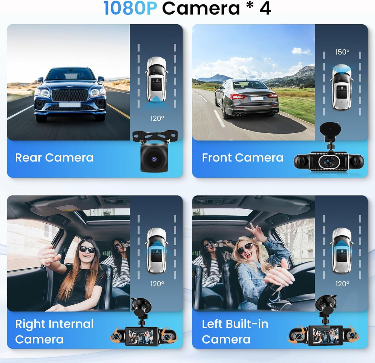 Dashcam – Autocamera – Auto Camera – Parkeercamera – 4 Camera's – 2K Voorcamera – 8 IR Nachtzicht