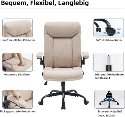 Ergonomische bureaustoel, computerstoel, draaibare werkstoel met opklapbare armleuning, in hoogte verstelbaar, comfortabel voor kantoor, thuis, gaming (beige stof)