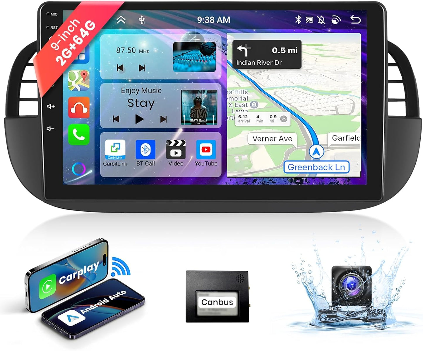 【2G+64G】 9''Autoradio Bluetooth Voor FIAT 500 2007-2015 Carplay Android Auto Draadloos,8-Core,Podofo Android Radio 2 din met scherm 1280 * 720 GPS Navi HiFi/RDS/FM DSP AHD Achteruitrijcamera