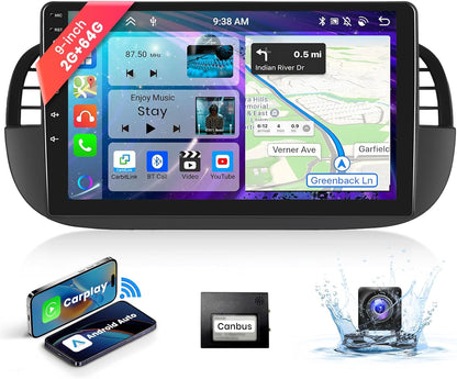【2G+64G】 9''Autoradio Bluetooth Voor FIAT 500 2007-2015 Carplay Android Auto Draadloos,8-Core,Podofo Android Radio 2 din met scherm 1280 * 720 GPS Navi HiFi/RDS/FM DSP AHD Achteruitrijcamera