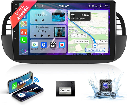 【2G+64G】 9''Autoradio Bluetooth Voor FIAT 500 2007-2015 Carplay Android Auto Draadloos,8-Core,Podofo Android Radio 2 din met scherm 1280 * 720 GPS Navi HiFi/RDS/FM DSP AHD Achteruitrijcamera