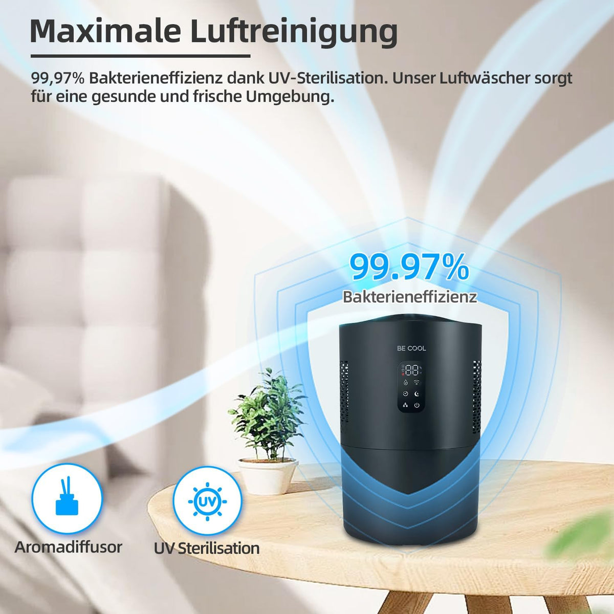 2-in-1 Luchtreiniger En Luchtbevochtiger – Luchtzuiveraar, Luchtwasser, Airwasher, Verdampingsbevochtiger – UV-Sterilisatie En 3 Luchtvochtigheidsniveaus