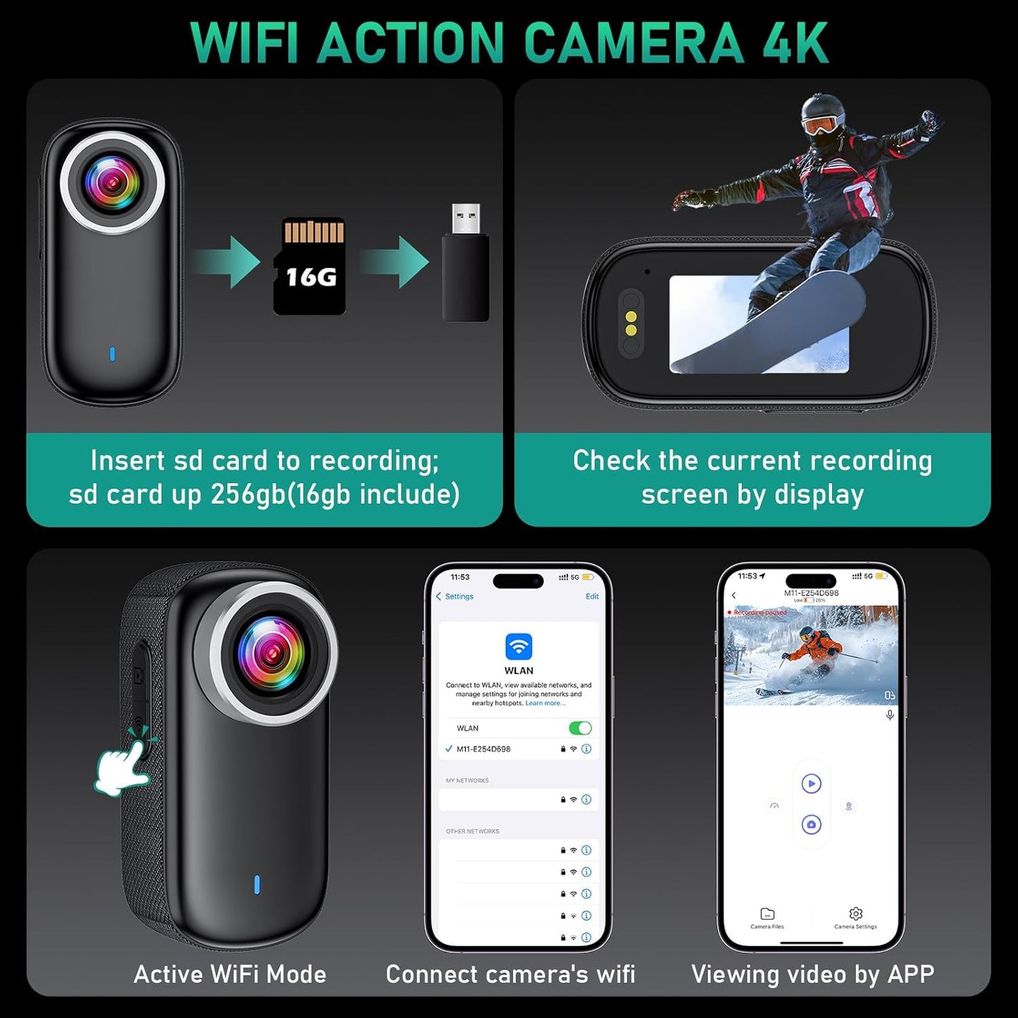 Actiecamera, wifi, 4K, waterdichte mini-actie-helmcamera, 150 graden wifi, sportactiecamera met 1,47 inch display, magnetische duim-lichaamscamera, kleine actiecamera voor motorfiets en fiets