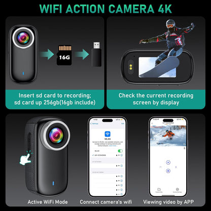 Actiecamera, wifi, 4K, waterdichte mini-actie-helmcamera, 150 graden wifi, sportactiecamera met 1,47 inch display, magnetische duim-lichaamscamera, kleine actiecamera voor motorfiets en fiets