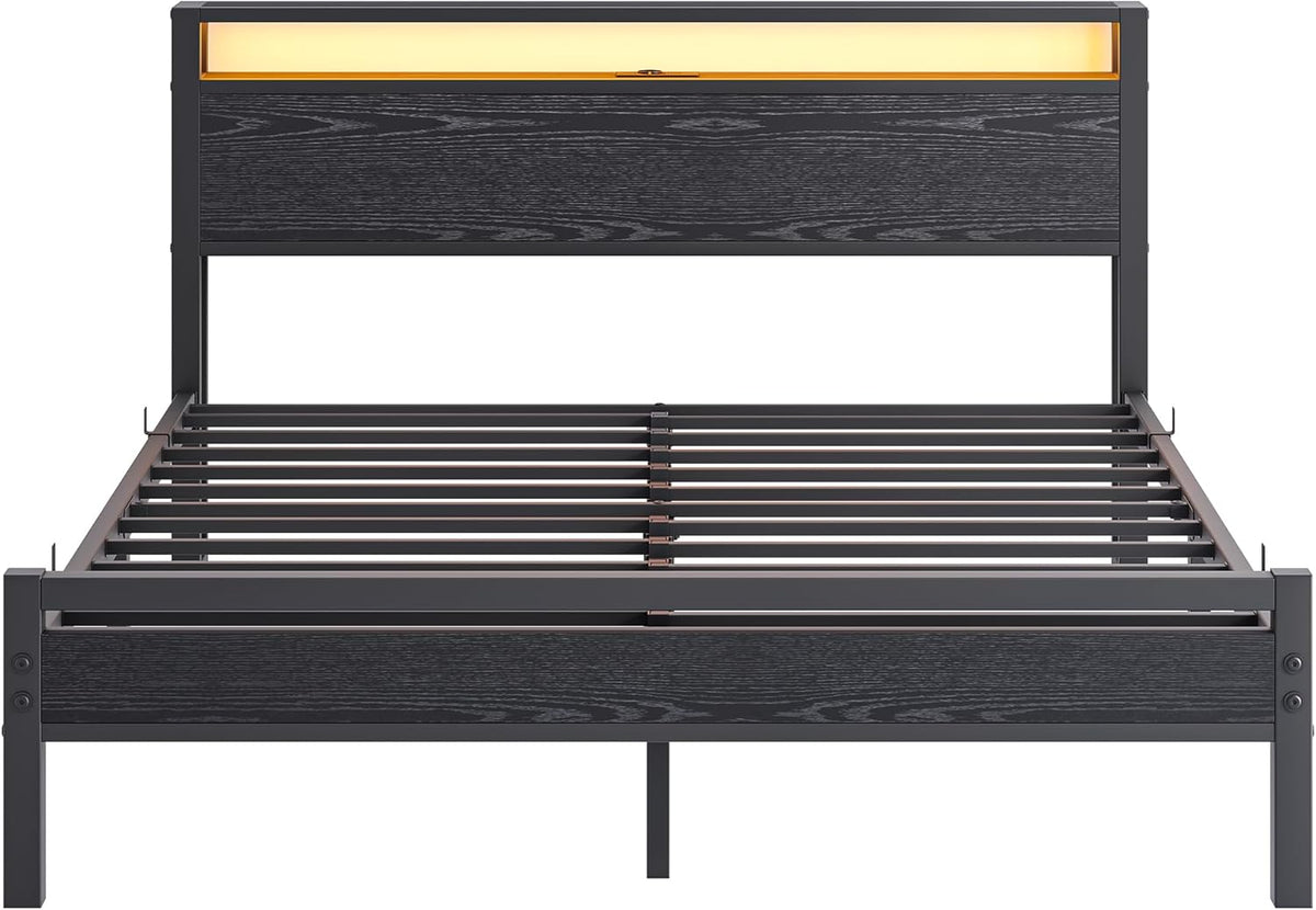 Bedframe met laadstation, led-verlichting, tweepersoonsbed, logeerbed, metalen bed, 160 x 200 cm, bedframe van metaal, jeugdbed met lattenbodem, hoofdeinde in zwart, voor slaapkamer en