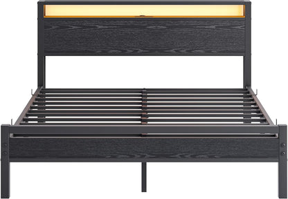 Bedframe met laadstation, led-verlichting, tweepersoonsbed, logeerbed, metalen bed, 160 x 200 cm, bedframe van metaal, jeugdbed met lattenbodem, hoofdeinde in zwart, voor slaapkamer en
