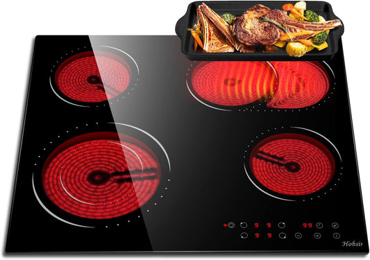 Hobsir Keramische kookplaat, 4 zones, 6600W, 60cm, inbouwplaat, flexibele instelling van de kookzone, timer, veiligheidsvergrendeling, Geen stekker