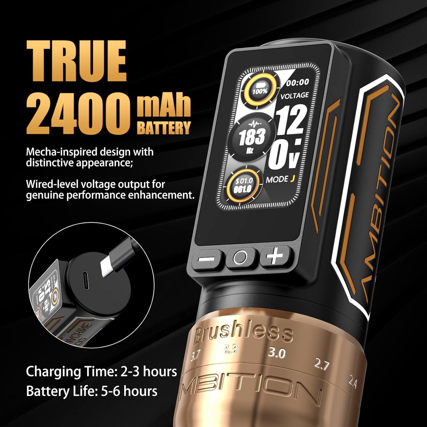 Ambition Ninja Max 280 Tattoo Kit Draadloze Rotary Machine met 7 Verstelbare Slagen, 40 Naaldpatronen, Dubbele 2400mAh Batterijen, 280 g.cm Krachtige Borstelloze Motor, 54mm & 32mm Grips