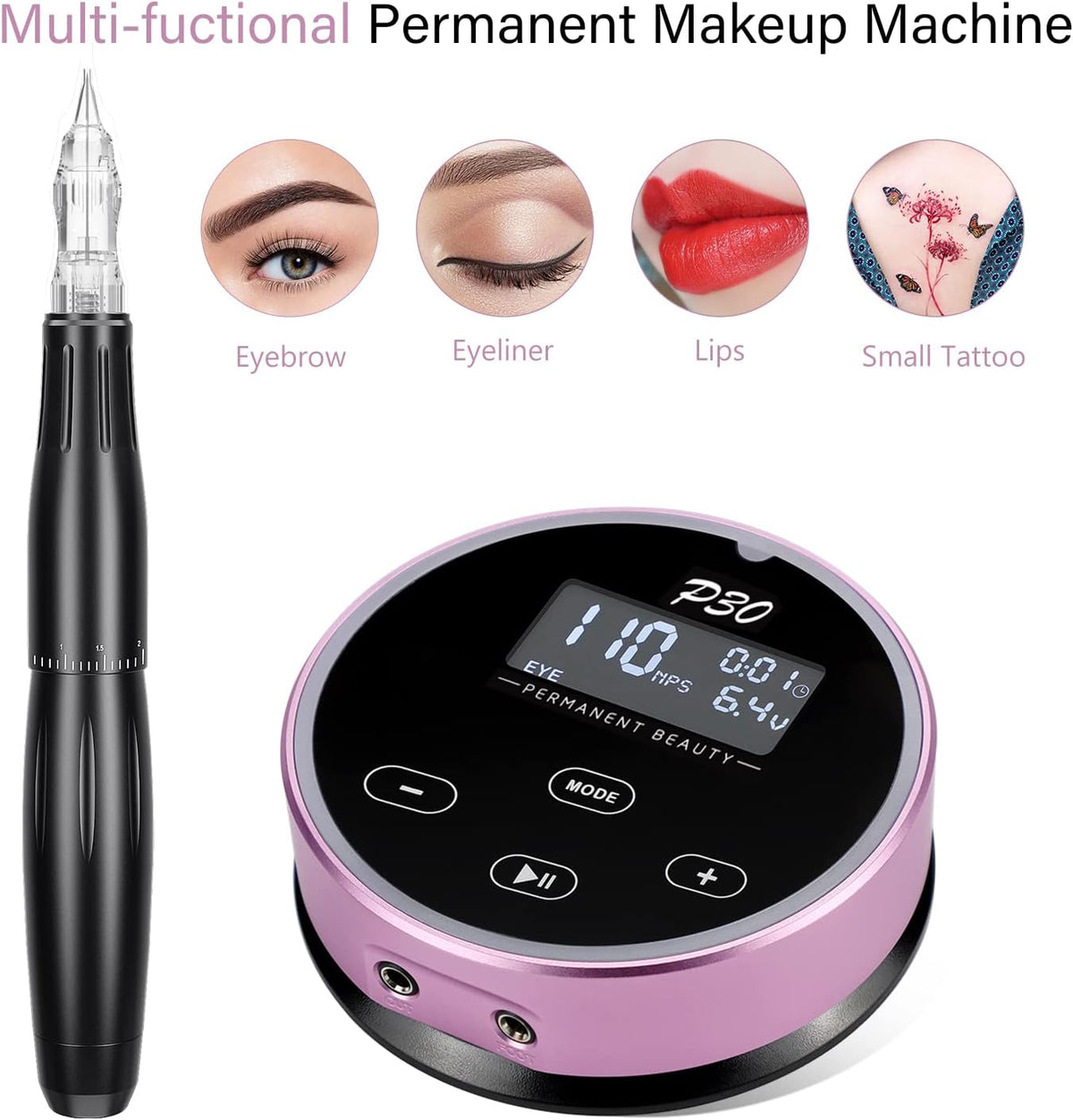 Biomaser Semi-permanente make-upmachine, permanente make-upset met compacte voeding, 20 cartridgenaalden, voor eyeline, lippen, wenkbrauwen, MTS, voor kunstenaars en beginners