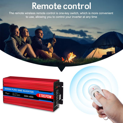 <font dir="auto" style="vertical-align: inherit;"><font dir="auto" style="vertical-align: inherit;">        3000W/6000W Pure Sine Wave Power Inverter 12V 230V with 2 EU Plug and 1 USB Port, Wireless Remote Control        </font></font>