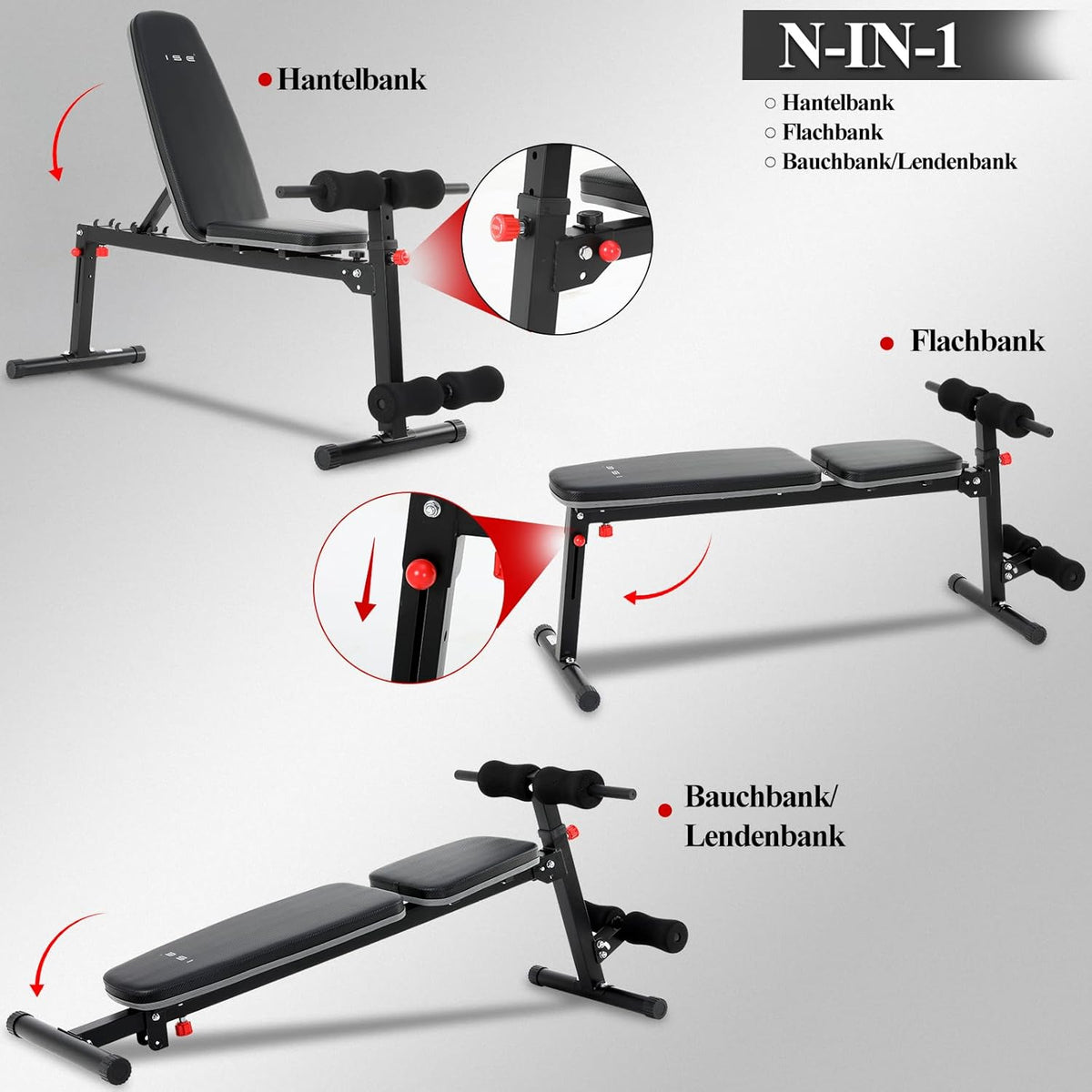 ISE Verstelbare trainingsbank, multifunctionele fitnessbank met beensteun, zwart, stalen frame met 5-voudig verstelbare rugleuning, met een capaciteit van 150 kg voor thuis