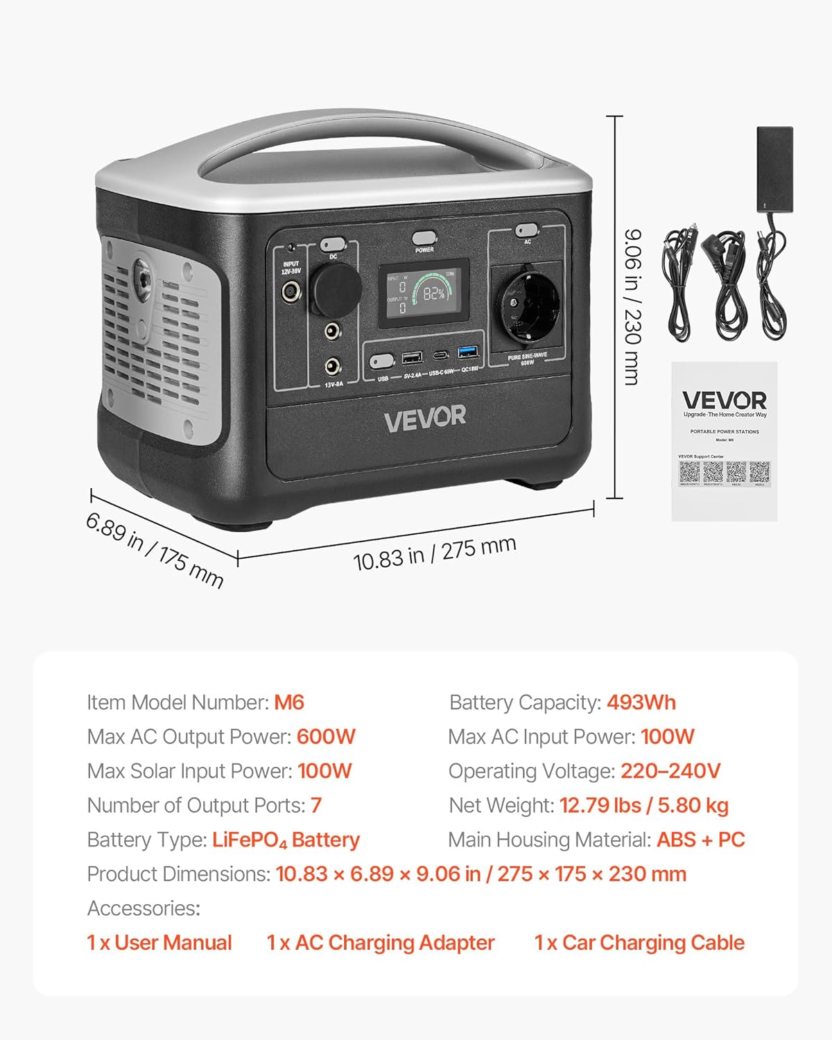 VEVOR Draagbaar powerstation, 600 W, LifePO4-accu, 493 WH, met 7 uitgangen, voor thuis, camping, reizen in de camper, zonnepaneel niet inbegrepen