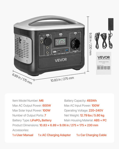 VEVOR Draagbaar powerstation, 600 W, LifePO4-accu, 493 WH, met 7 uitgangen, voor thuis, camping, reizen in de camper, zonnepaneel niet inbegrepen
