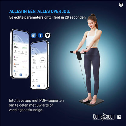 Lichaamsvetweegschaal met handsensoren van Geharde Glas - GeniaScreen InOne Digitale Weegschaal met Lichaamsanalyse 56 Metingen voor Spiermassa Vet BMI LCD Display met Wi-Fi en Bluetooth 220 Kg