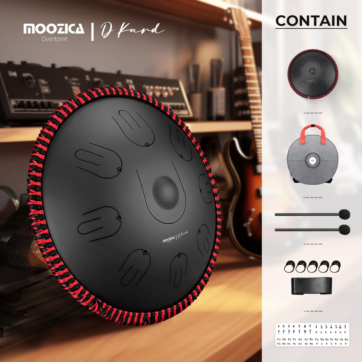 MOOZICA Tongtrommel, 35,5 cm, 17 noten in D-Moll, stalen handpan, tongtrommel met octaaf-boventoon-design, slaginstrument met draagtas (D Kurd, zwart)