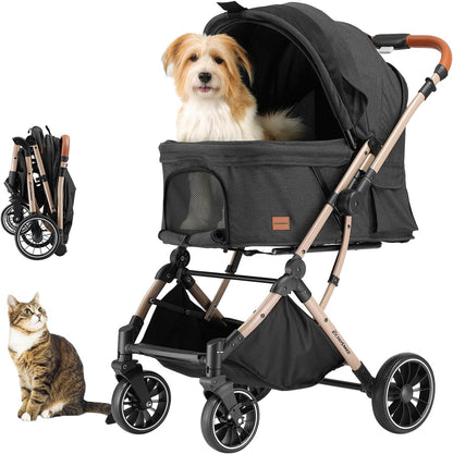 EchoSmile Opvouwbare hondenwagen, hondenbuggy tot 20 kg, voor kleine middelgrote honden en katten, hondenbuggy en kattenwagen met omkeerbare handgreep, schokdemping en afneembaar wasbaar kussen (zwart
