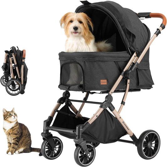 EchoSmile Opvouwbare hondenwagen, hondenbuggy tot 20 kg, voor kleine middelgrote honden en katten, hondenbuggy en kattenwagen met omkeerbare handgreep, schokdemping en afneembaar wasbaar kussen (zwart