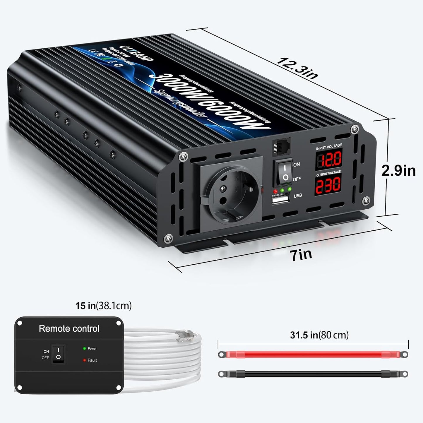 Spanningsomvormer 12v 230v 3000W -Gemodificeerde sinusomvormer 12v naar 230v spanningsomvormer met LCD-scherm, afstandsbediening & USB-aansluitingen EU-aansluiting voor caravans, camping