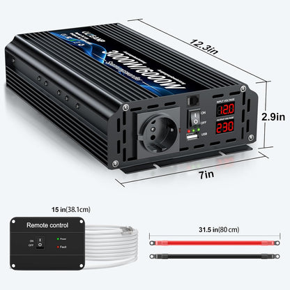 Spanningsomvormer 12v 230v 3000W -Gemodificeerde sinusomvormer 12v naar 230v spanningsomvormer met LCD-scherm, afstandsbediening & USB-aansluitingen EU-aansluiting voor caravans, camping