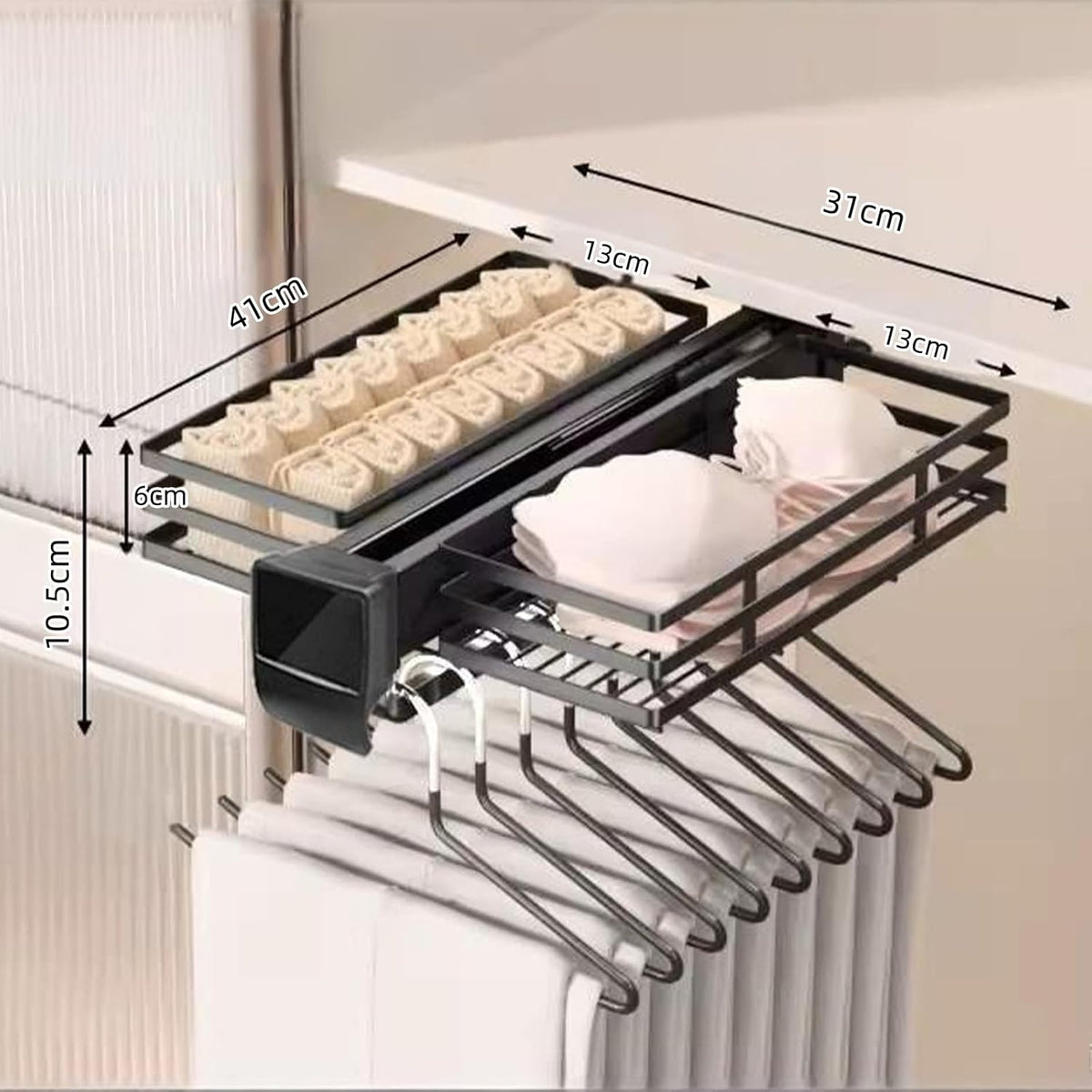 HOCONNIE Trek Broek Hanger met Opbergmanden Trek Broek Rack Uitschuifbare Broek Hanger voor Garderobe Ruimtebesparend Soft-Close Diepte 41cm