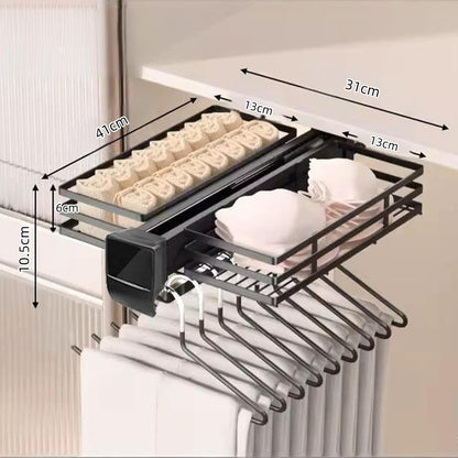 HOCONNIE Trek Broek Hanger met Opbergmanden Trek Broek Rack Uitschuifbare Broek Hanger voor Garderobe Ruimtebesparend Soft-Close Diepte 41cm