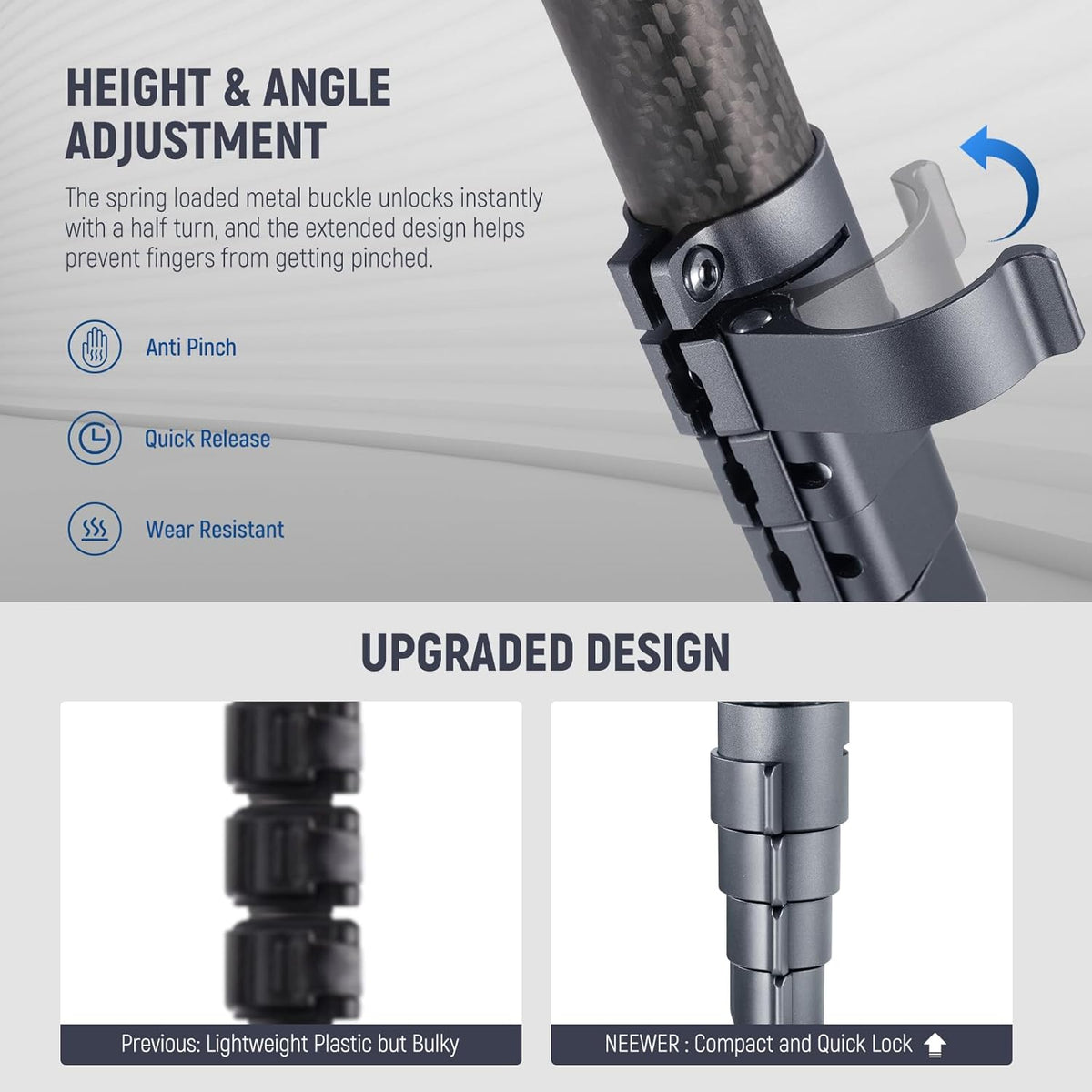 NEEWER LITETRIP 157,5 cm reiscamerastatief, koolstofvezel draagbare standaard met verwijderbare ±15° nivellering, 360° Pano-kop, maximale belasting 10 kg, Arca QR-plaat compatibel met Peak Design