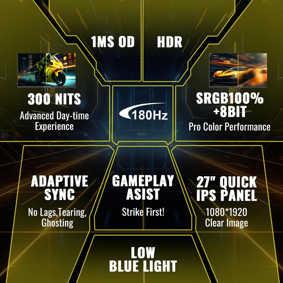 Minifire Gaming monitor 27 inch, 180Hz, 1ms, AdaptiveSync, IPS, 2xHDMI 2.0/1xDP 1.4 ports, FHD, sRGB 110%, PC display (MFG27F2 HDMI cable included) - QUORE