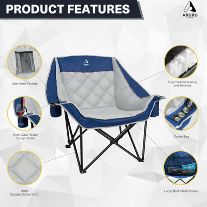 Extra grote XL campingstoel voor volwassenen, zwaar belastbaar, 204 kg ondersteuning, gewatteerde opvouwbare gazonstoelen met zijvak, bekerhouder, koeltas voor buitensporten, tuin, strand