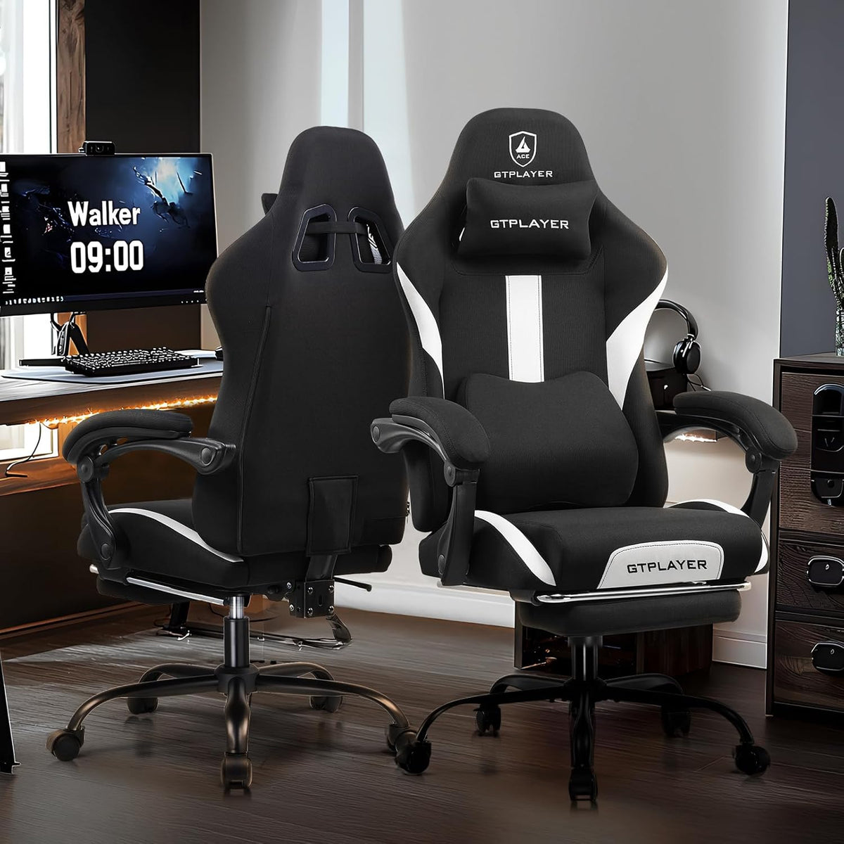 GTPLAYER Gaming Chair, Gamer Chair, Breathable Office Chair Made of High Quality Fabric, Ergonomic PC Chair, Adjustable and Swivel Office Chair with Footrest, Black - QUORE