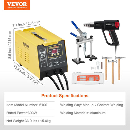 VEVOR 300 W Dent Repair Kit with Hot Air Gun, Dent Puller Automatic/Manual Welding Mode, Car Body Spot Welding Machine for Aluminium Repair