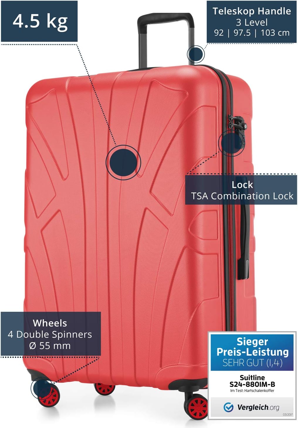 Suitline Grote koffer 76 x 53 x 31 cm ABS harde schaal uitbreidbaar (96-110 L) met TSA slot 4 dubbele wielen telescopische handgreep trolley, Koraal