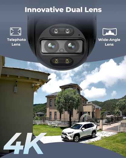 Beveiligingscamera - WiFi-beveiligingscamera - Camerabewaking - 4K Wi-Fi 6 - voor Buiten - met Dubbele Lens - 6X Hybride Zoom - 360° Zicht - Detectie van Personen - Voertuigen - Dieren - Automatisch Volgen - Kleurennachtzicht - Wit