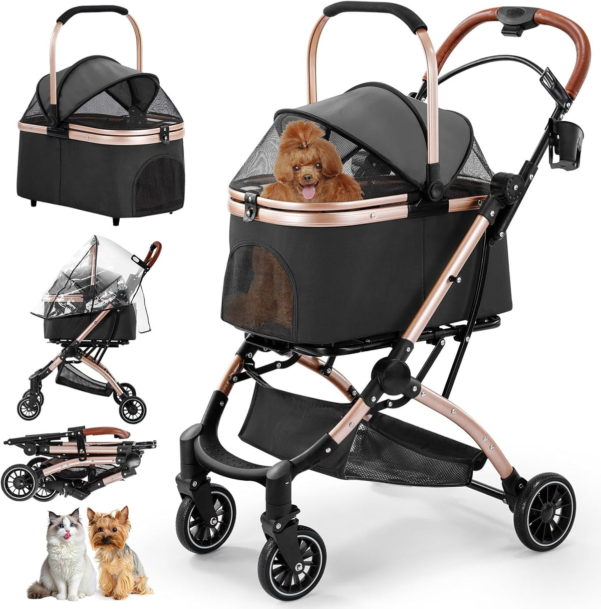 Gimars 4 in 1 Opvouwbare Kinderwagen voor Kleine/Middelgrote Honden en Katten. Draagt Tot 44 Lbs Met Afneembare Reismand Zonder Rits, 360° Voorwielen, Rem, Regenhoes, Bekerhouder, Opbergmand, Zwart