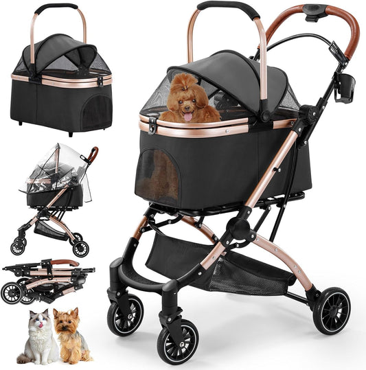 Gimars 4 in 1 Opvouwbare Kinderwagen voor Kleine/Middelgrote Honden en Katten. Draagt Tot 44 Lbs Met Afneembare Reismand Zonder Rits, 360° Voorwielen, Rem, Regenhoes, Bekerhouder, Opbergmand, Zwart