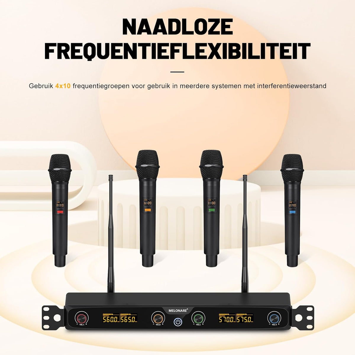 4-Kanaals Draadloos Microfoonsysteem, UHF Rackmount met 4x 10 Frequenties, 260ft Bereik, Dynamisch Handmicrofoon voor Zingen, Karaoke, Kerk, DJ, Feest (MWM-41F)
