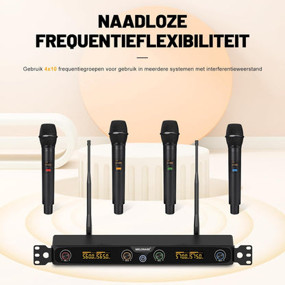 4-Kanaals Draadloos Microfoonsysteem, UHF Rackmount met 4x 10 Frequenties, 260ft Bereik, Dynamisch Handmicrofoon voor Zingen, Karaoke, Kerk, DJ, Feest (MWM-41F)