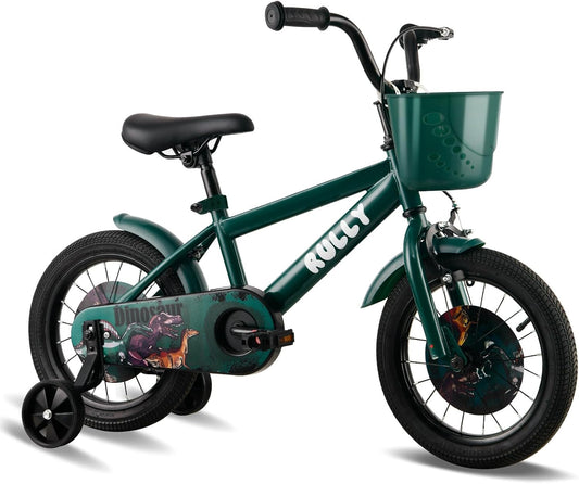 RULLY Dinosaur 16 inch jongensfiets voor kinderen van 4 tot 7 jaar, groen, met afneembare steunwielen, terugtraprem en handrem, mand