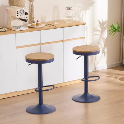 YOUNIKE Barkruk, set van 2, hout, in hoogte verstelbaar, draaibaar, barkruk, keukenkruk, hoogte barstoelen met voetensteun, voor bar, keuken, draaikruk van massief metaal, marineblauw