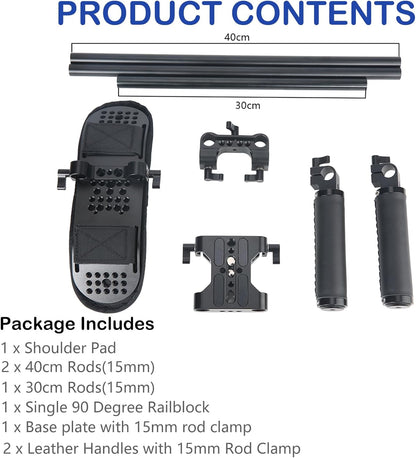 NICEYRIG Camera Schouder Rig met 15mm Schouderpad Ondersteuningssysteem voor DSLR Camera Cinema Camcorder, Mount Rig met Basisplaat, Aluminium 15mm Rod, Handvat Set - 435