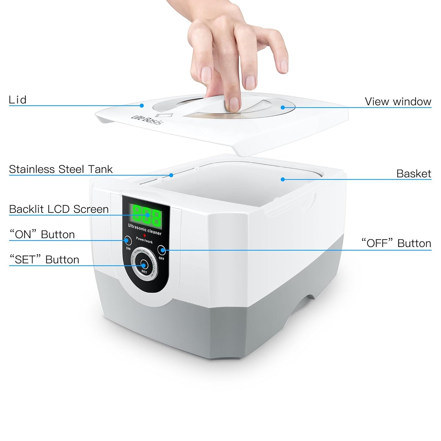 LifeBasis Ultrasoon reinigingsapparaat, 42 kHz 1400 ml, brillenreinigingsapparaat, 70 W, bril, ultrasoon bad met led-display en 5 tijdinstellingen, voor optische zaken, sieradenzaken, tandartsen,