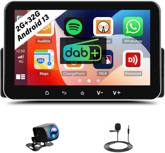 Autoradio 1 Din Android 13 (2G+32G) met Dab+ 7 inch IPS-touchscreen,Draadloze CarPlay, Android Auto, GPS, Bluetooth, Mirror Link, FM/RDS, SWC, Dubbel scherm,USB + microfoon, Achteruitrijcamera
