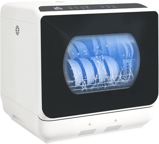 HOMCOM Tischgeschirrspüler mit/ohne Wasseranschluss benutzbar Mini Geschirrspüler mit Platz für 4 Maßgedecke, 6 Programmen, eingebautem 6-Liter-Wassertank, für Büro,Camping, Wohnmobil, Weiß