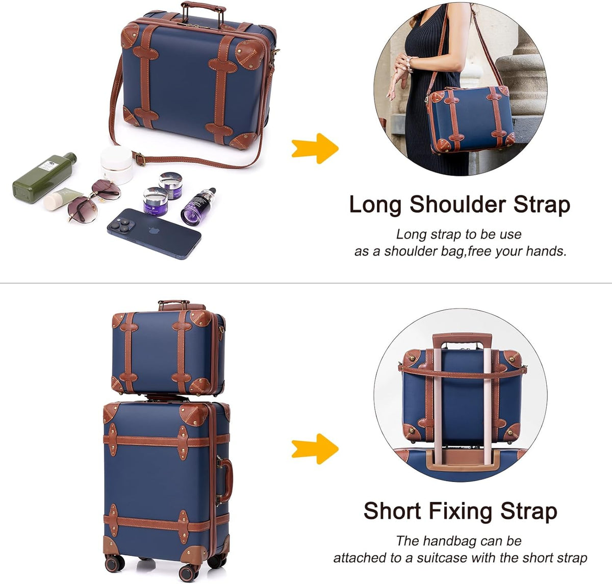 Urecity Vintage reiskofferset, 4-delig, licht, retro, lederen koffer, harde schaal, trolley, handbagage, sets met TSA-slot en 8 wielen (S-M-L-XL), blauw, Kofferset