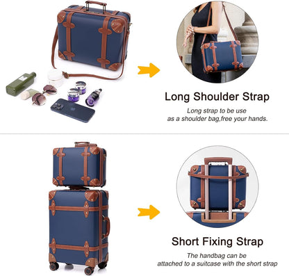 Urecity Vintage reiskofferset, 4-delig, licht, retro, lederen koffer, harde schaal, trolley, handbagage, sets met TSA-slot en 8 wielen (S-M-L-XL), blauw, Kofferset